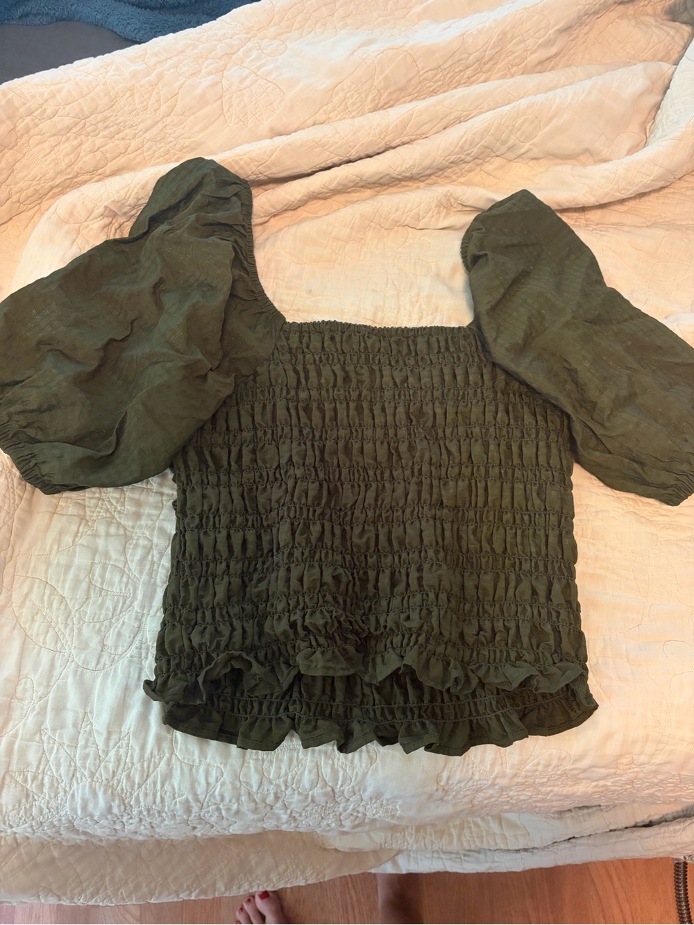 Old Navy Olive Green Smocked Puff Sleeve Top